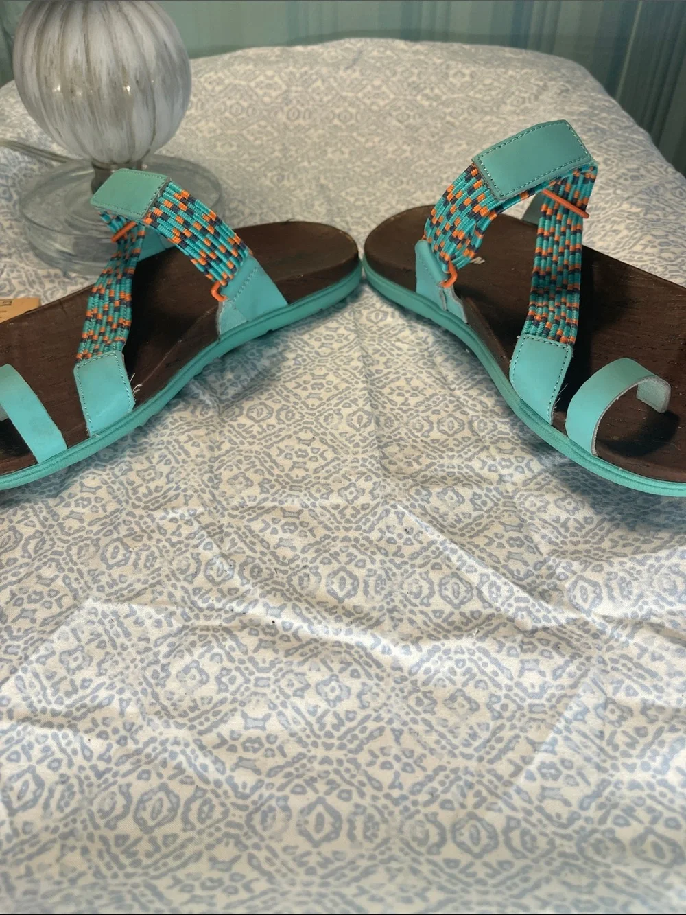 Merrell Around Town Sun Vue Turquoise/Orange Braided Toe-Loop Sandals Thong Sz 9